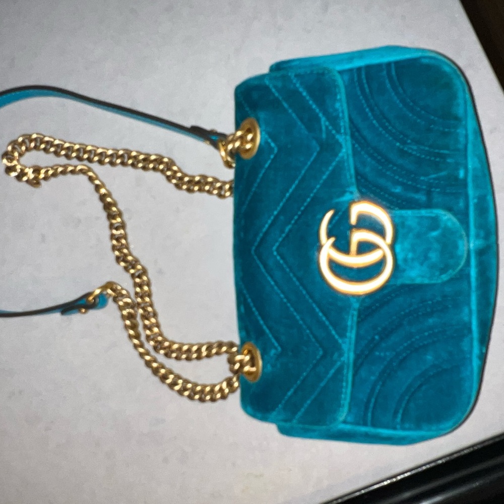 Gucci Teal Velvet Marmont Small Shoulder Bag with Gold Hardware - Picture 6 of 13